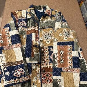 Alfred Dunner Quilted Patchwork Shirt Jacket in Navy, Brown & Tan